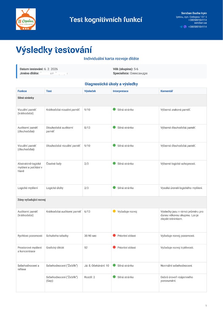 Zpráva: výsledky testu kognitivních funkcí