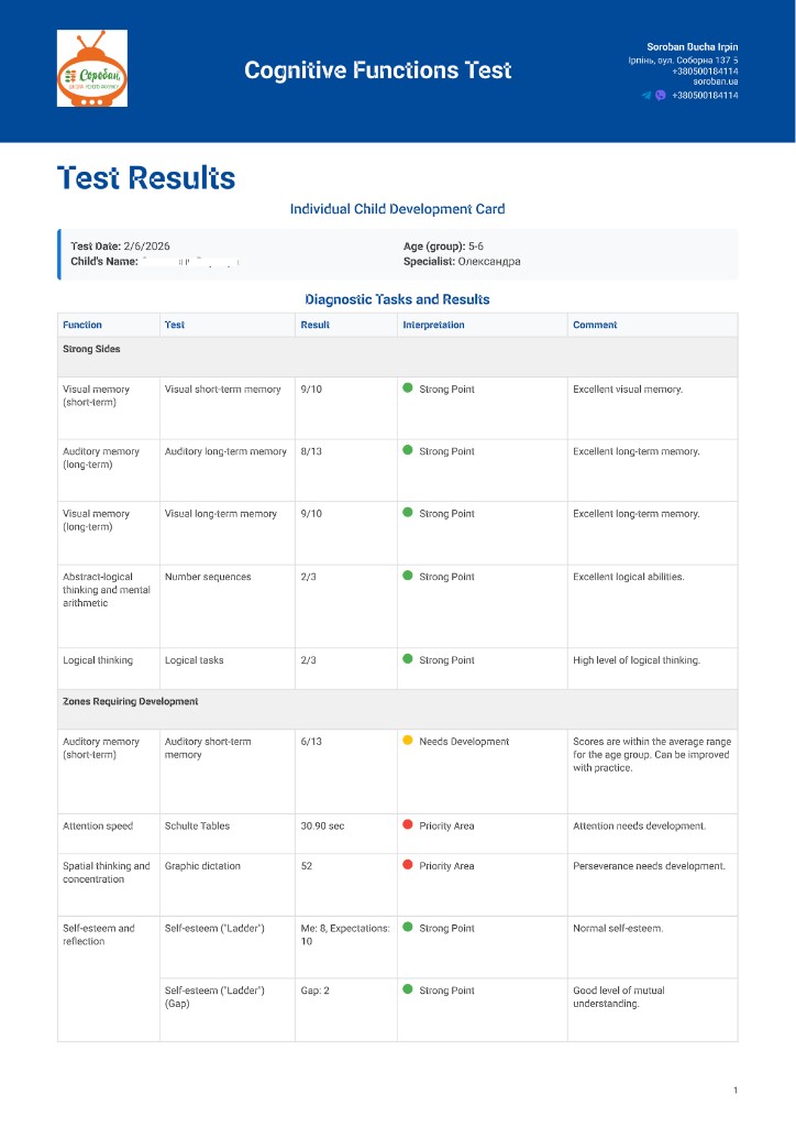 Report: cognitive functions test results