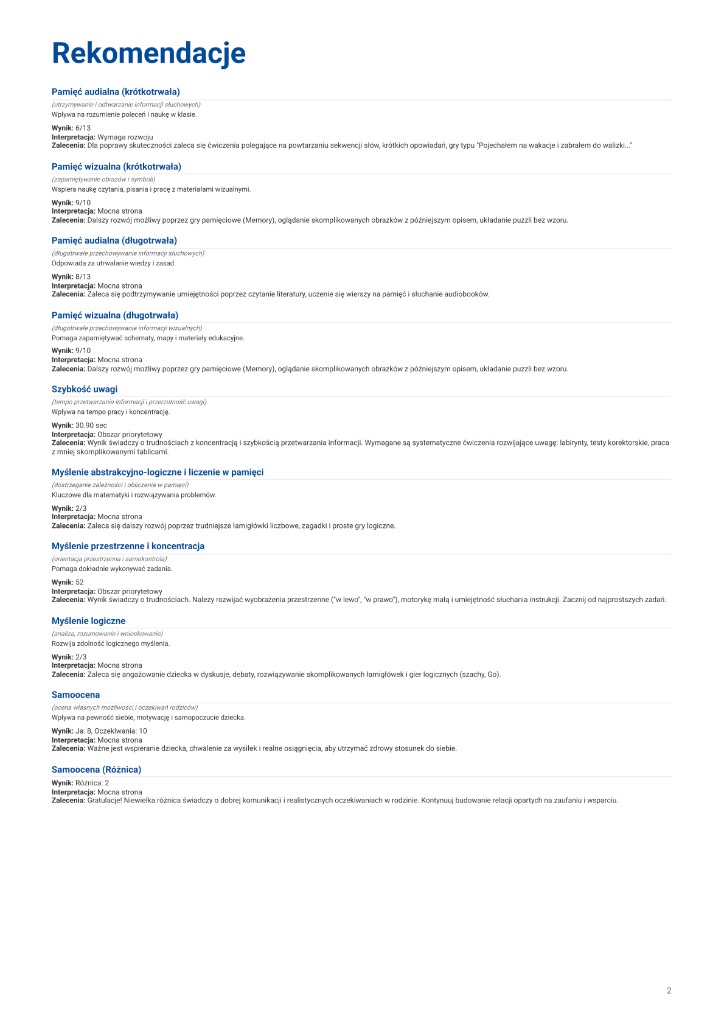 Raport: rekomendacje rozwojowe dla dziecka