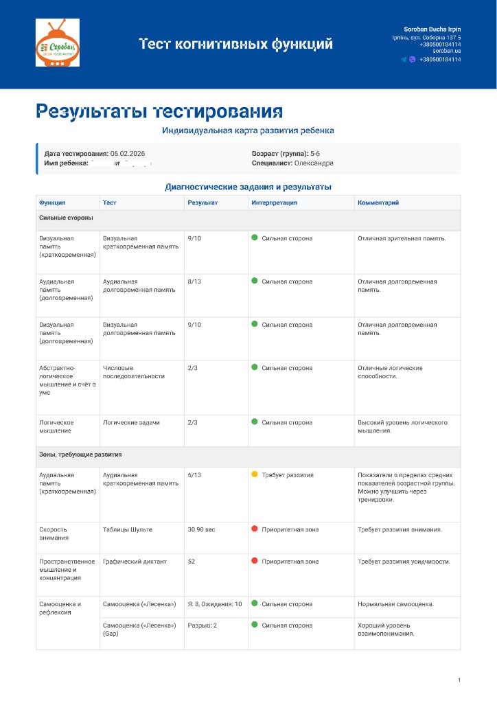 Отчёт: результаты тестирования когнитивных функций